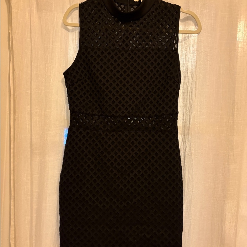 Elizabeth and James Black Mock Neck Laser Cut and Mesh Detail Mini Bodycon Dress